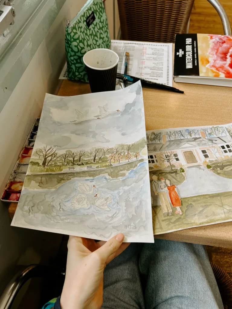 Watercolor painting of swans in a park created as part of outdoor art evangelism