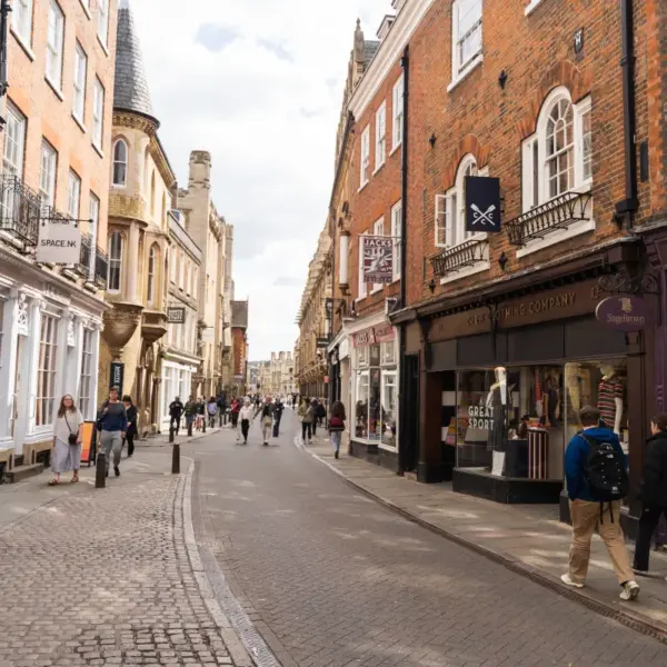 Pedestrians walking along a historic shopping street in the United Kingdom