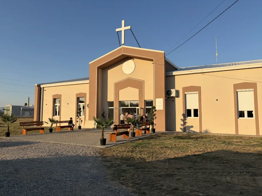 Newly completed Vitezda Church building in Leskovac, Serbia, with a cross above the entrance.